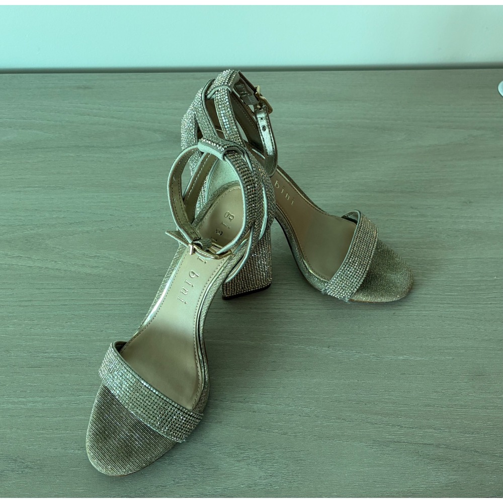 Gianni Bini Rhinestone Block Heel Sandals Gold Crystal Evening Shoes 6.5M